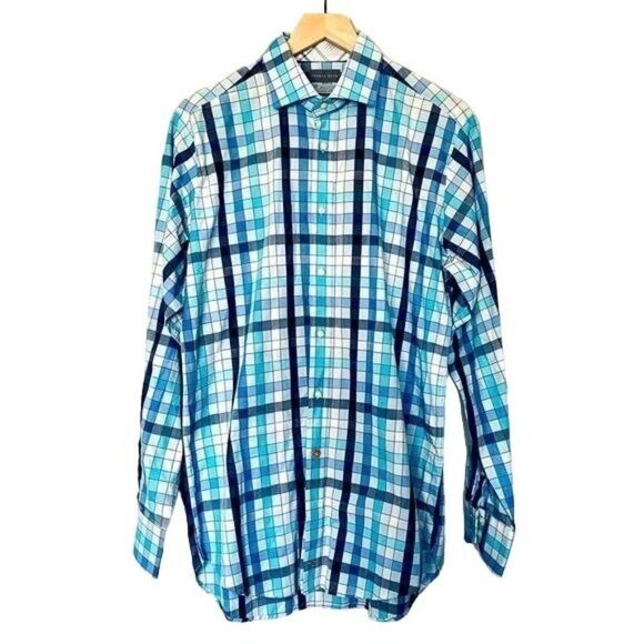 Thomas Dean Blue Plaid Colorblock Button Down Long Sleeve Dress Shirt - Picture 1 of 6
